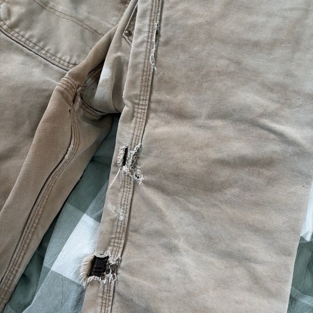 Vintage Carhartt Original Dungaree Fit Pants Mens Tan Flannel Lined Distressed - Picture 11 of 15